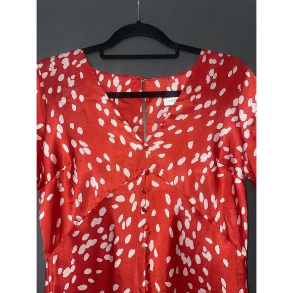 Topshop Red Silky Polka Dot Button Down Midi front slit  Dress Size 10 - Picture 3 of 10